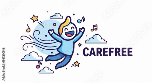 A cheerful figure jumps joyfully amidst clouds, stars, and musical notes