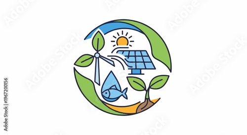 A circular emblem depicts elements of a sustainable ecosystem and renewable energy