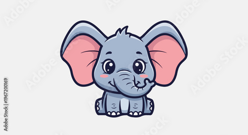 A cute cartoon elephant with large ears and big eyes sits looking forward