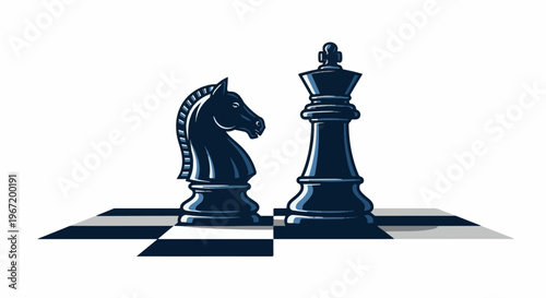 A dark knight and king chess pieces stand on a checkered board