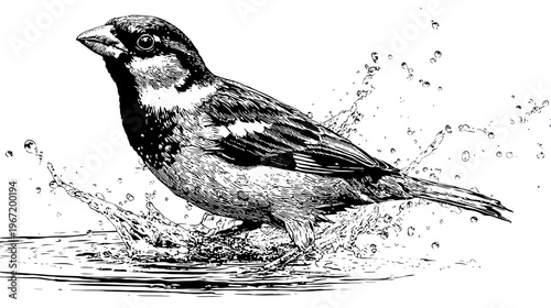 Sparrow splashing in water black and white illustration wildlife concept