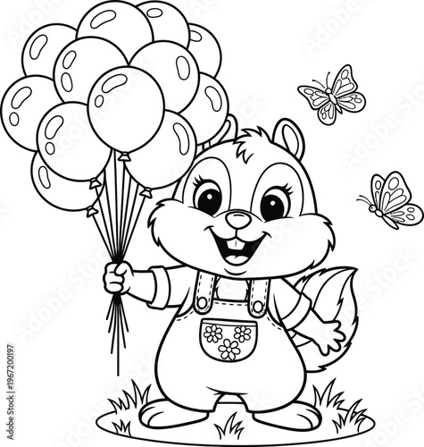 Happy chipmunk holding balloons and surrounded by butterflies