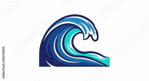 A stylized blue wave curls on a white background