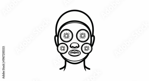 A stylized illustration of a face with cucumber slices on eyes and cheeks