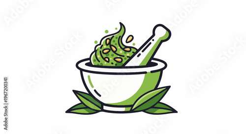 A stylized illustration of a mortar and pestle with green ingredients