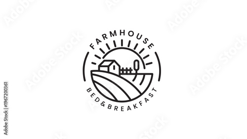 Farmhouse bed and breakfast logo with a stylized house, fields, and sun rays indicating a welcoming stay.