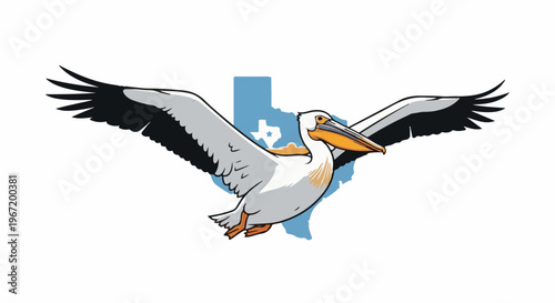 A stylized white pelican with wings spread flies over a light blue Texas outline