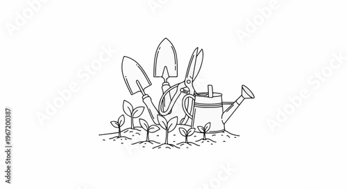 A whimsical illustration of gardening tools and young plants