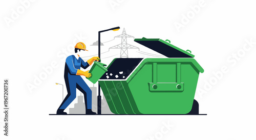 Worker in uniform and helmet empties bin into large green dumpster