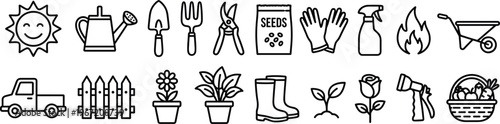 Vector icons of gardening tools and plants on transparent background for landscaping design