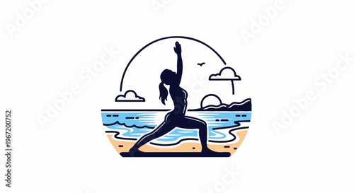 Woman in yoga pose on beach with ocean, mountains, and sun at sunset