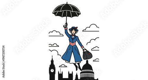 Woman flying with umbrella over London skyline