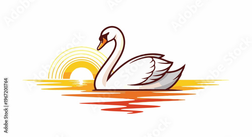 White swan glides across water at sunset