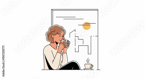 Woman enjoying a hot beverage at a window with city skyline