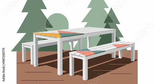 White picnic table and benches on wooden deck with abstract trees behind