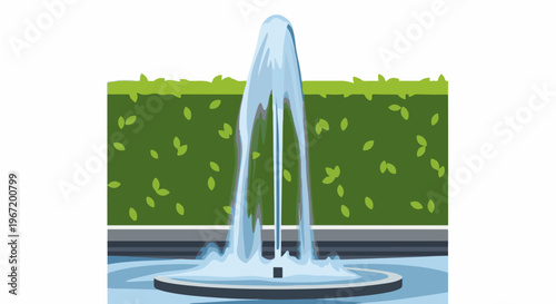 Water fountain spraying upwards in front of green hedge with leaves