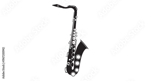 Saxophone silhouette with black curves and keys, a classic brass musical instrument on a white background