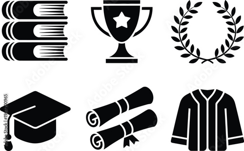 Graduation education and achievement symbols set, black vector silhouettes featuring books trophy laurel wreath graduation cap diploma and gown for academic success design.