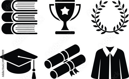 Graduation education and achievement symbols set, black vector silhouettes featuring books trophy laurel wreath graduation cap diploma and gown for academic success design.