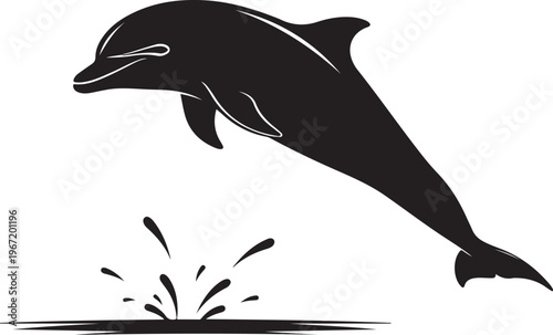 Black dolphin jumping out of water with splash silhouette