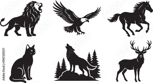 Set of wild animal silhouettes - lion, eagle, horse, cat, wolf, deer vector icons, black and white, animal kingdom