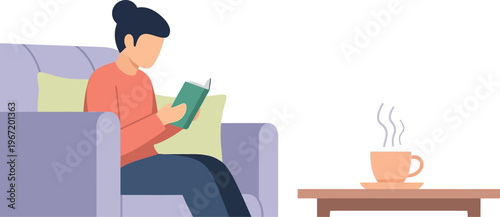 Relaxed person sitting on a comfortable sofa, engrossed in reading a book with a steaming cup of coffee on a side table, conveying a peaceful lifestyle moment at home