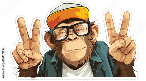 Cartoon monkey posing with peace signs and glasses on white background