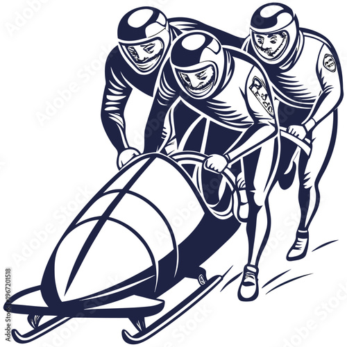 Professional four man bobsleigh team pushing the sled at the start of a winter race silhouette vector illustration