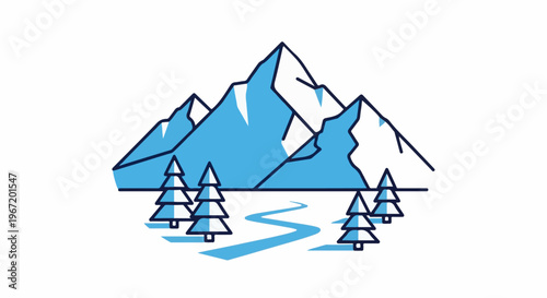 Stylized mountain peaks, snowy slopes, and a winding river with trees