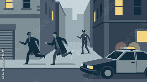 Crime scene in urban alley at night with police, running figures, and chalk outline