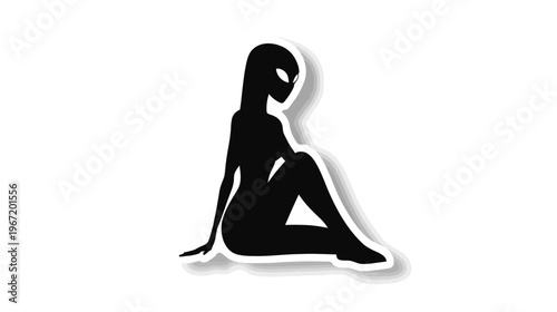 Silhouette of a humanoid alien figure with neutral expression sitting calmly