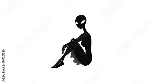 Silhouette of an alien in a contemplative pose against a white background