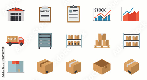 Collection of flat icons representing warehouse and logistics elements