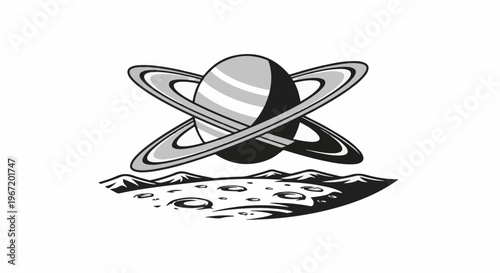 Stylized ringed planet hovering above a cratered lunar surface