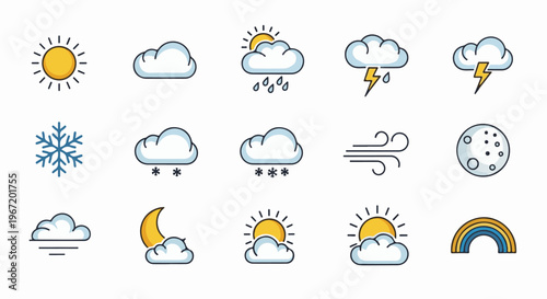 Collection of weather icons showing sun, clouds, rain, snow, wind, moon, and rainbow