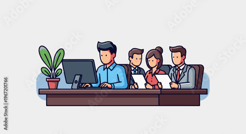 Diverse colleagues collaborate at a desk with a computer and plant