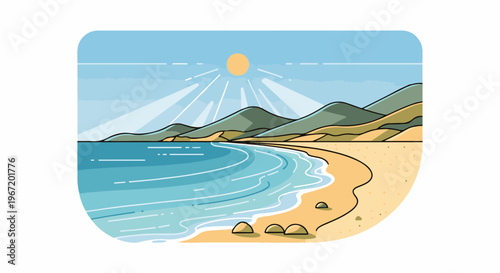 Gentle waves lap a sunlit, sandy beach nestled against rolling hills