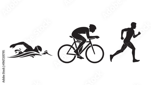 Silhouettes of athletes performing swimming, cycling, and running, representing the triathlon discipline.