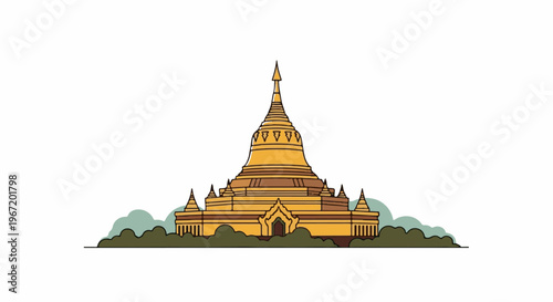 Golden tiered stupa nestled in greenery under a pale sky