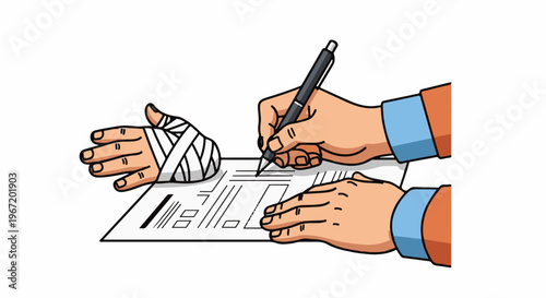 Injured hand bandaged, with another hand signing documents