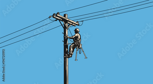 Lineman working on a utility pole against a clear blue sky