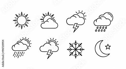 Minimalist line icons depicting various weather conditions and celestial bodies