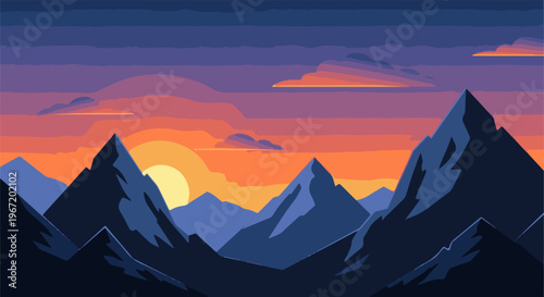 Pixelated mountain range at sunset with vibrant orange and purple sky