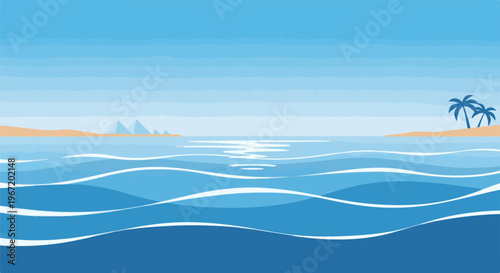 Serene ocean waves with distant islands and palm trees under a gradient sky