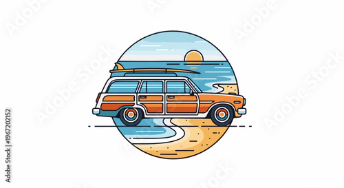 Retro station wagon with surfboard on roof at a beach at sunset