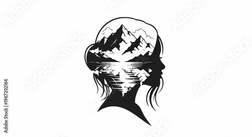 Silhouette of a woman's profile with mountains and a lake inside her head