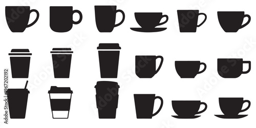 Coffee cup and mug silhouette icon collection with multiple shapes including takeaway cups