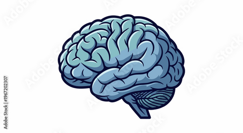 Stylized illustration of a human brain in shades of blue and grey