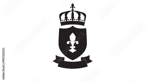 Crest shield with fleur-de-lis and crown emblem and blank ribbon banner for text featuring heraldry, royalty, symbol with badge and logo elements for