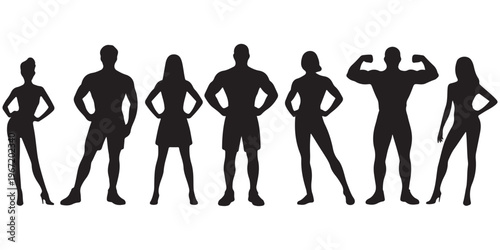 Fitness people silhouette collection with male and female body poses including bodybuilding and standing postures